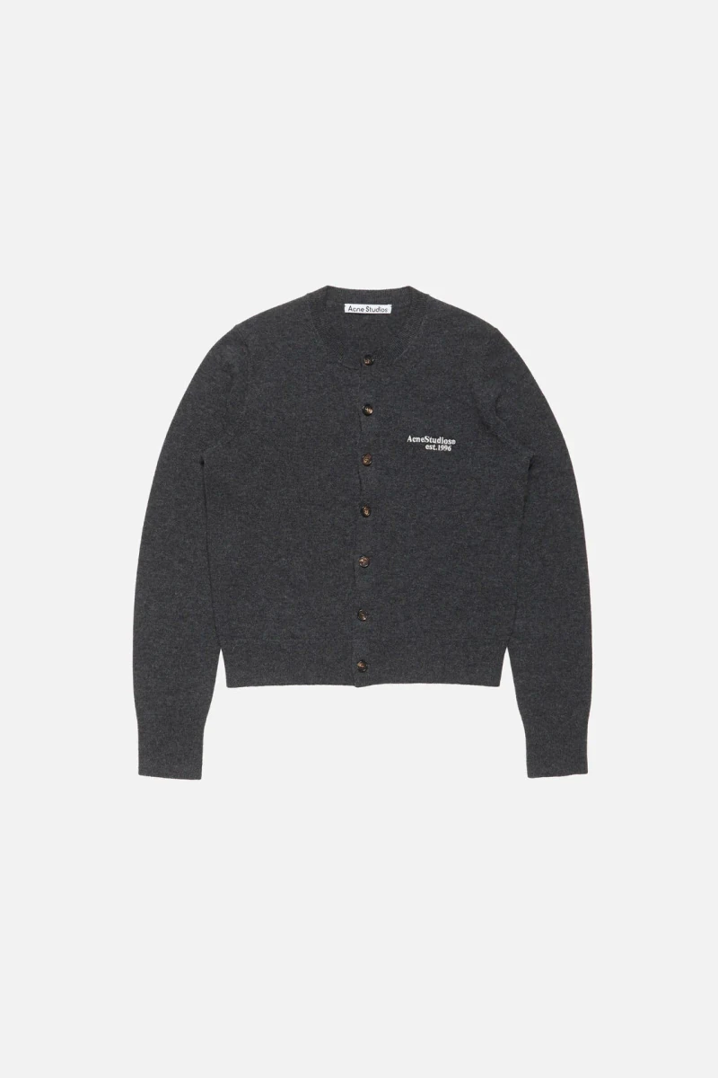 Dark grey melange Acne Studios yak wool cardigan in the official studio photograph