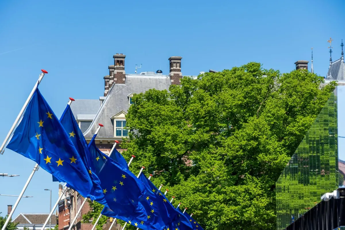 EU flags in front of a European government building representing EU sustainability regulations and brand standards