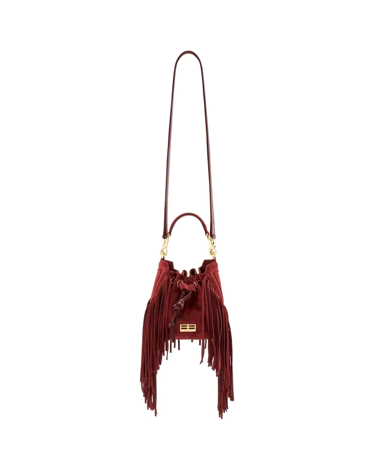 Marsala suede Badura Mini Lucky bucket bag with fringe and long strap