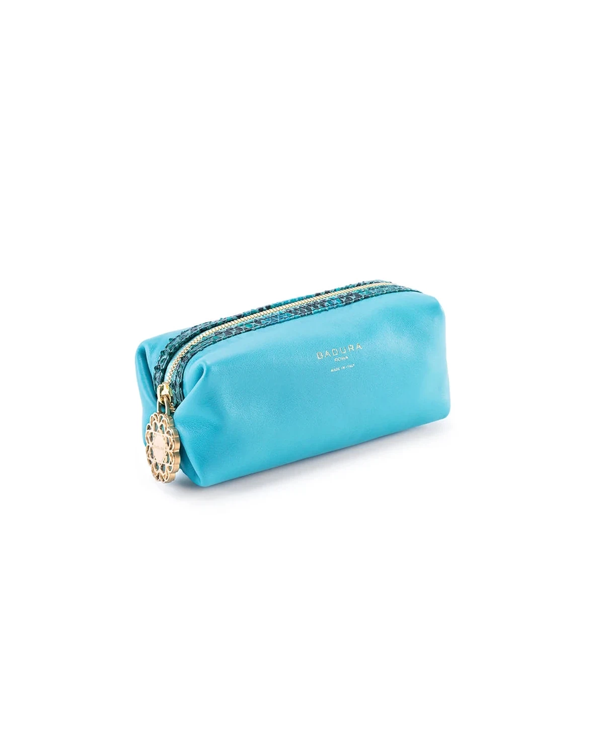 Turquoise Badura leather pouch with patterned python trim