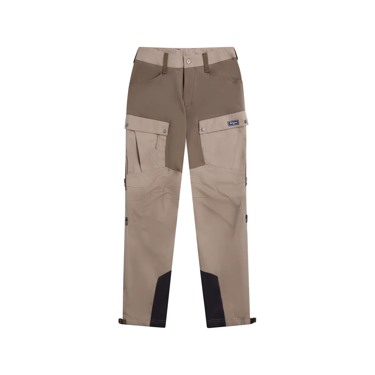 Bergans Nordmarka Favor men’s taupe hiking trousers with cargo pockets, contrast stretch panels and dark reinforced lower legs