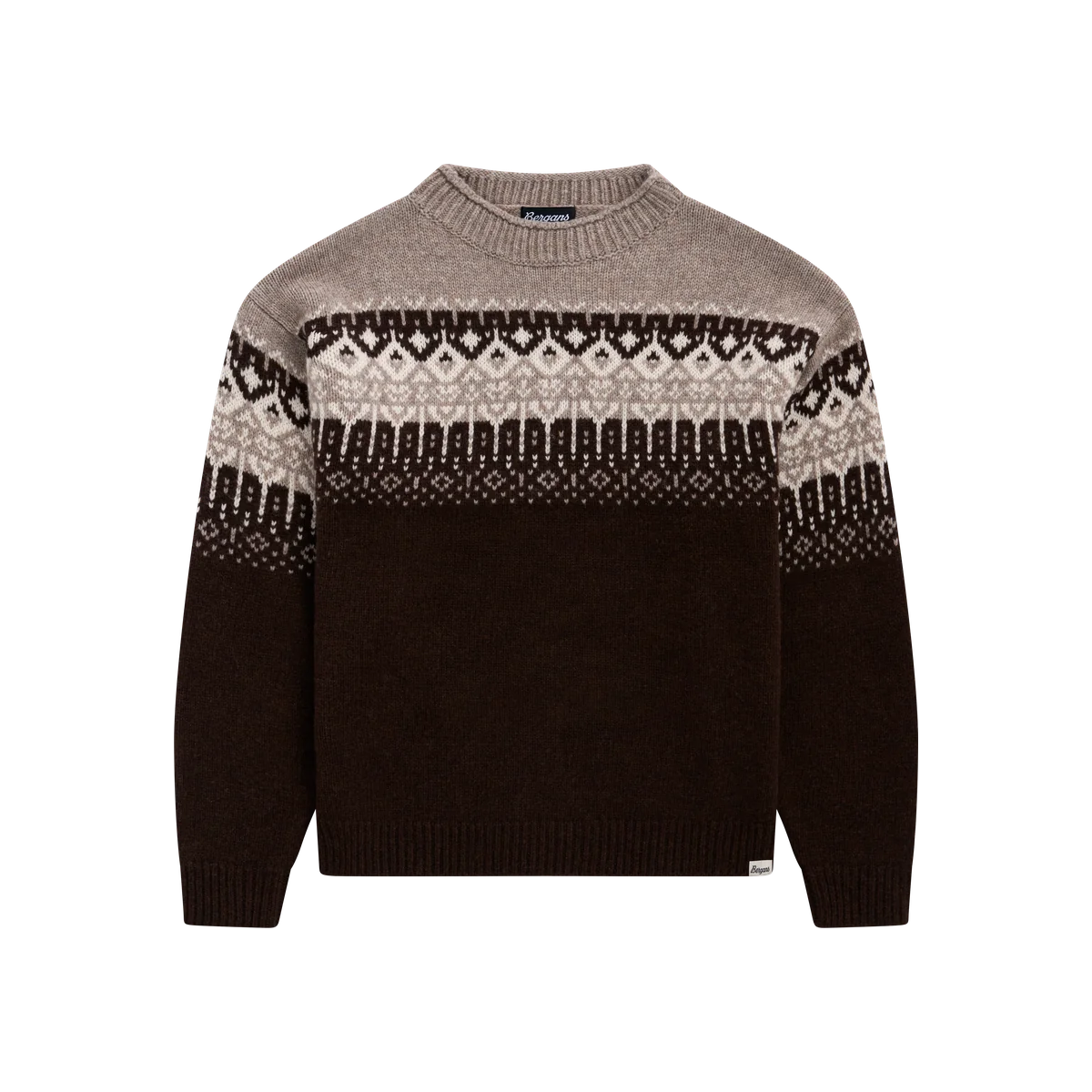 Bergans Steiro dark chocolate and cream lambswool crew-neck jumper with Nordic jacquard yoke and ribbed cuffs