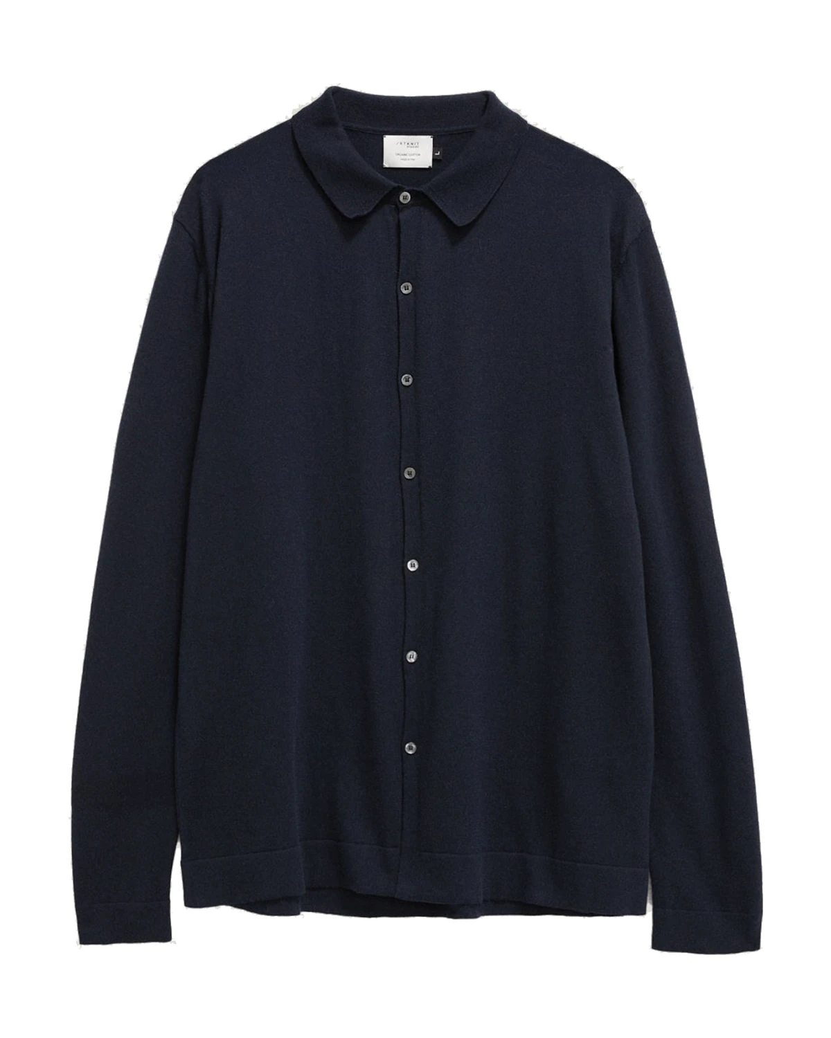 Deep blue Artknit Studios knitted shirt with a collar and long sleeves