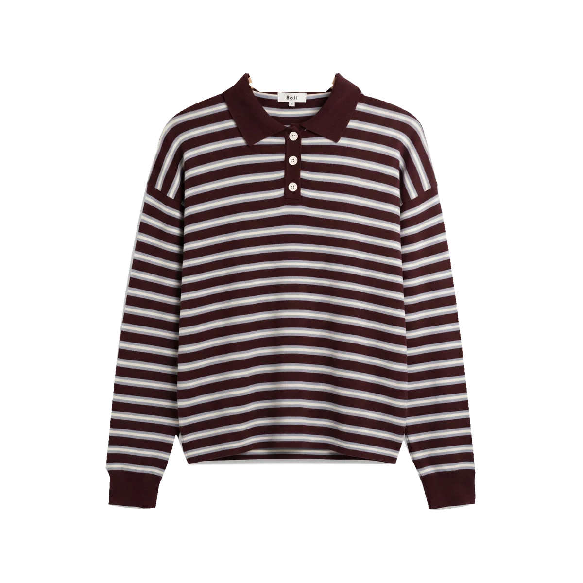 Boii Studios Adanne cotton polo knit with bordeaux, cream and blue stripes