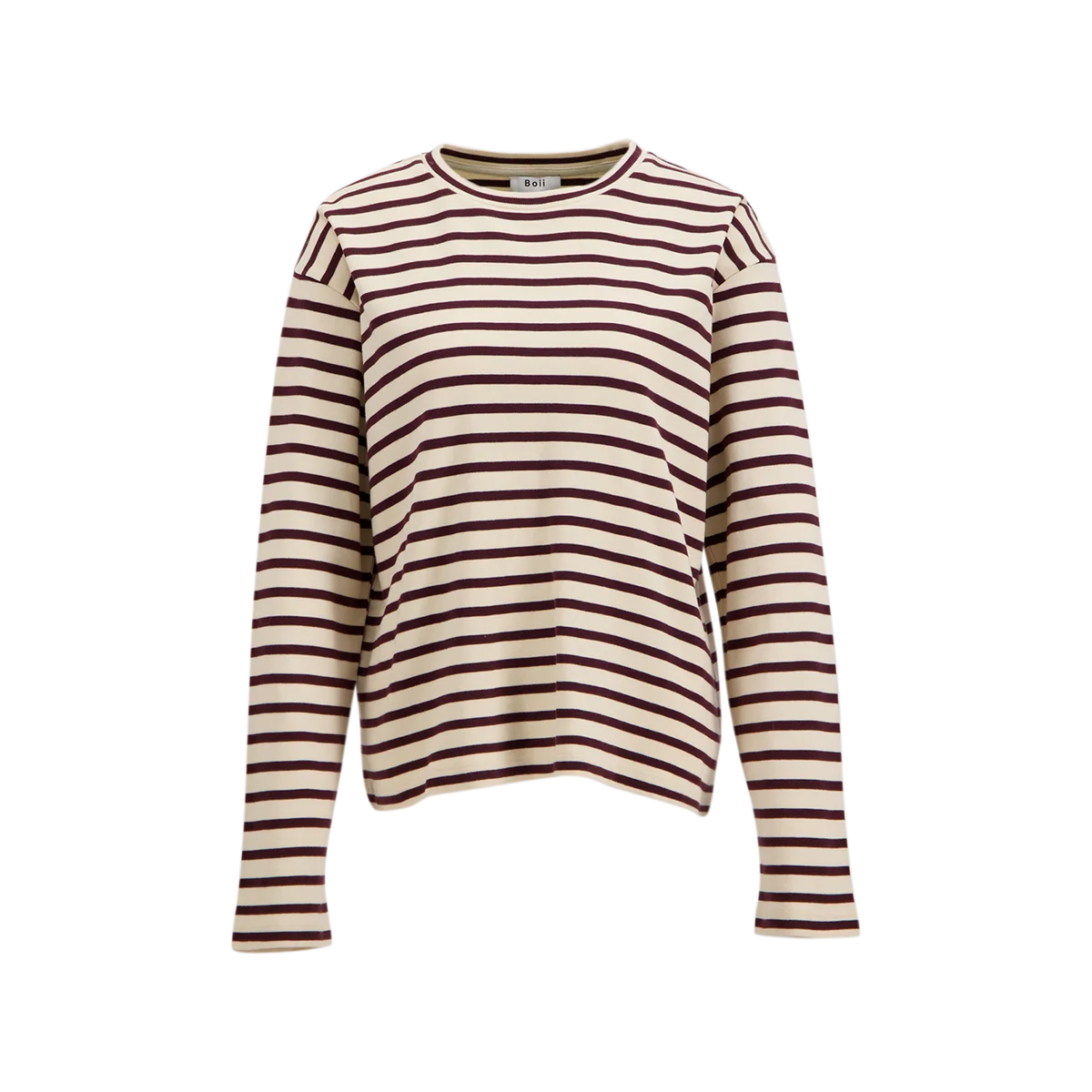 Boii Studios Nete long-sleeved cotton top with off-white and bordeaux stripes, shown from the front