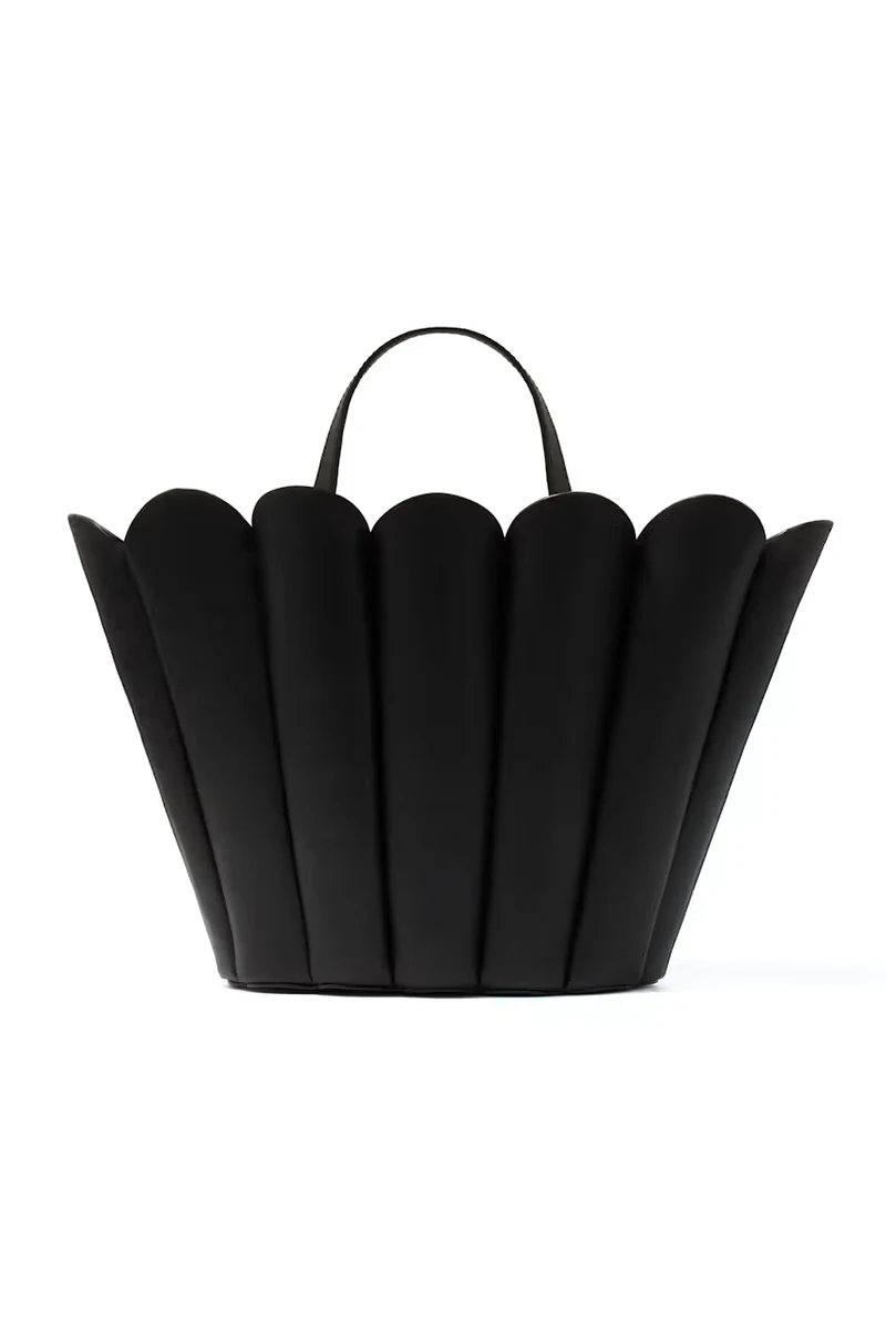 Black CHYLAK Shell Bag with sculptural pleated shape and top handle