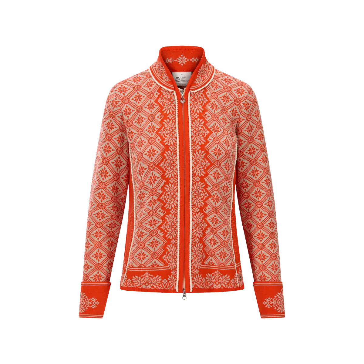 Dale of Norway Christiania red merino wool jacket with intricate sand-coloured eight-petal roses, a stand collar and full zip