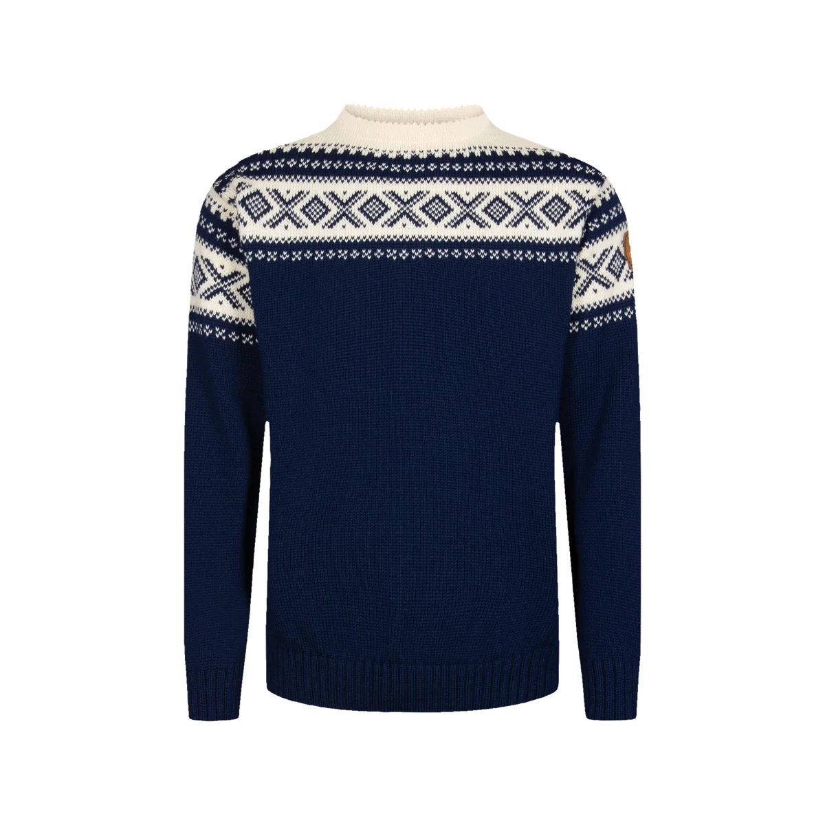 Dale of Norway Cortina 1956 navy Norwegian wool crew-neck sweater with an off-white geometric Nordic yoke and shield badge