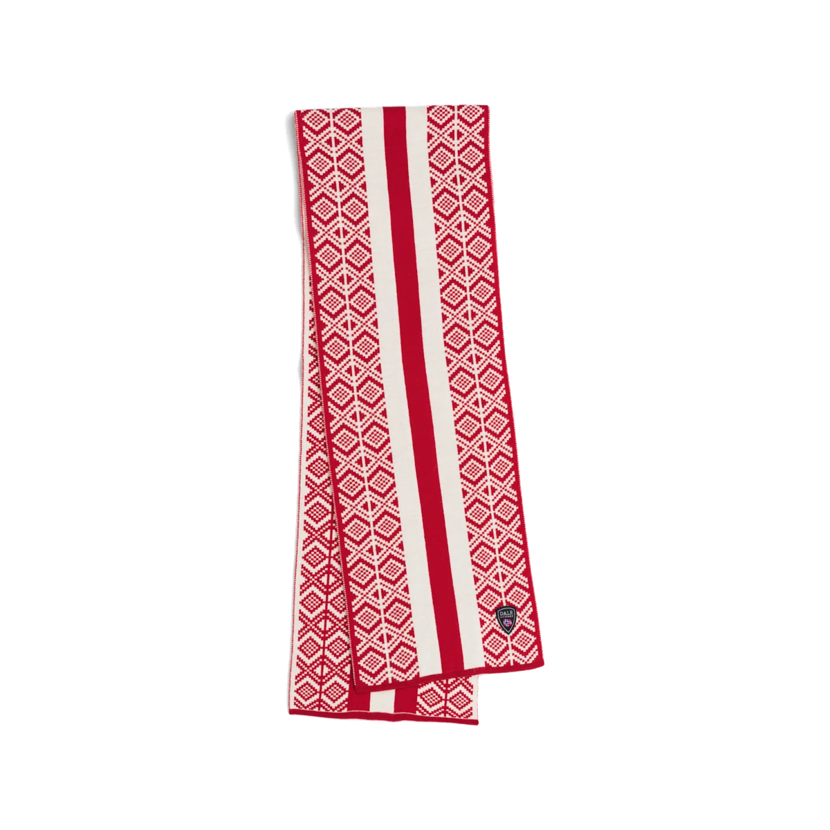 Dale of Norway Kvitegga raspberry and off-white merino scarf folded to display its Cortina-inspired geometric pattern