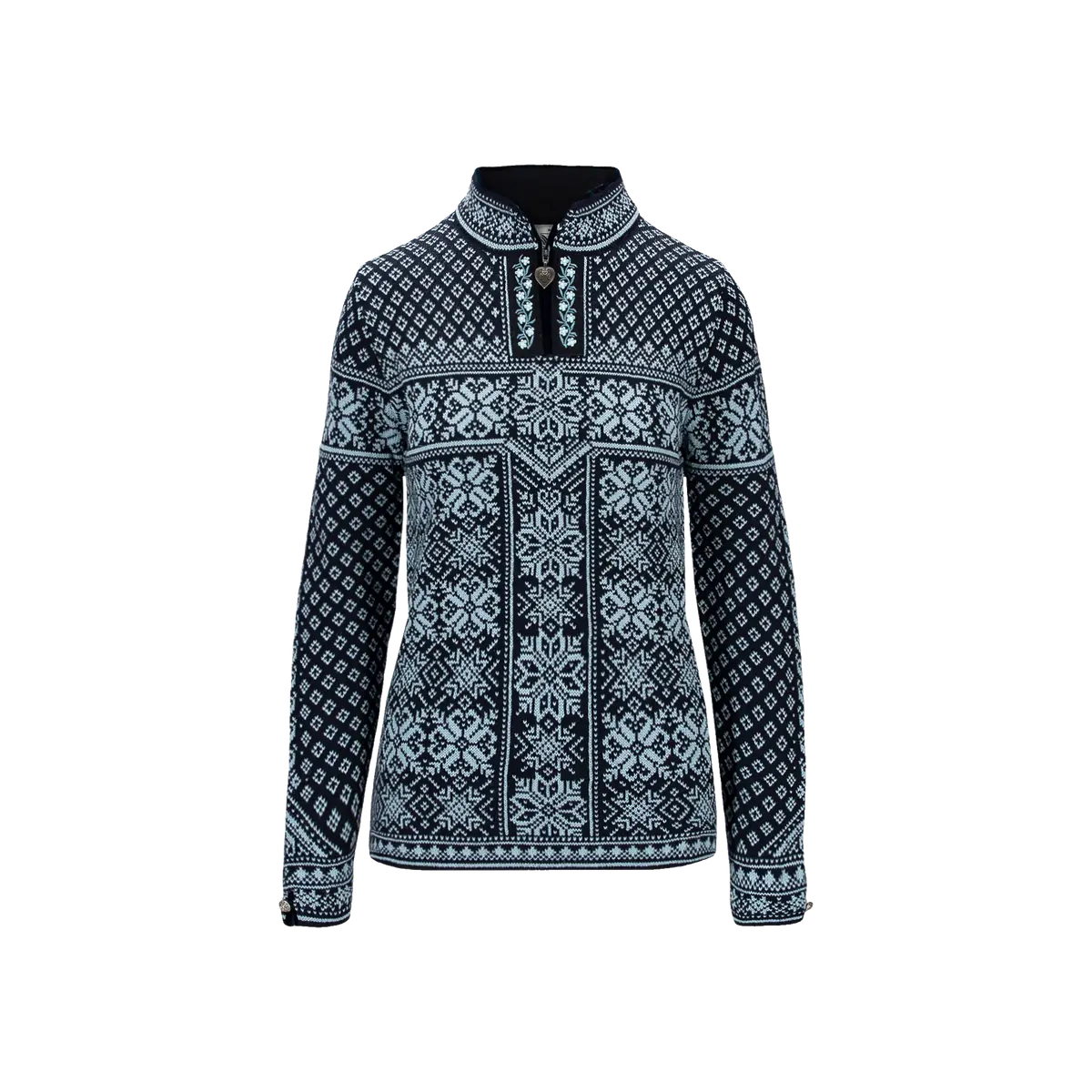 Dale of Norway Peace navy and ice-blue wool sweater with Nordic rose motifs, high collar, short front zip with heart-shaped pull and sleeve buttons