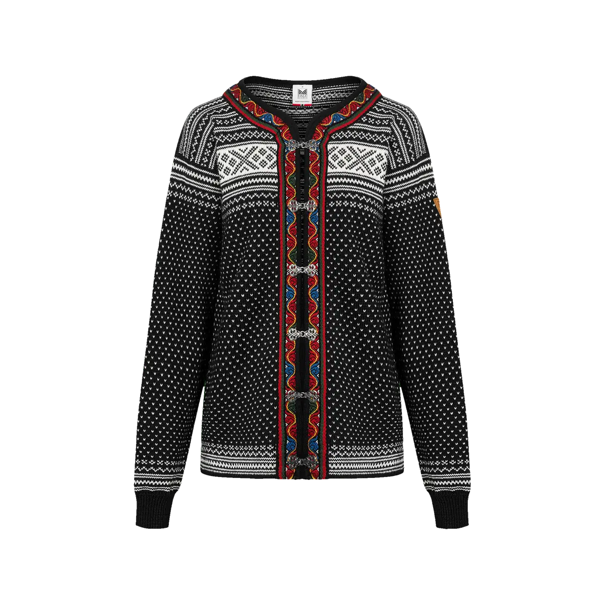 Dale of Norway Setesdal black and off-white Norwegian wool cardigan with red woven trim, Nordic patterns and pewter clasps