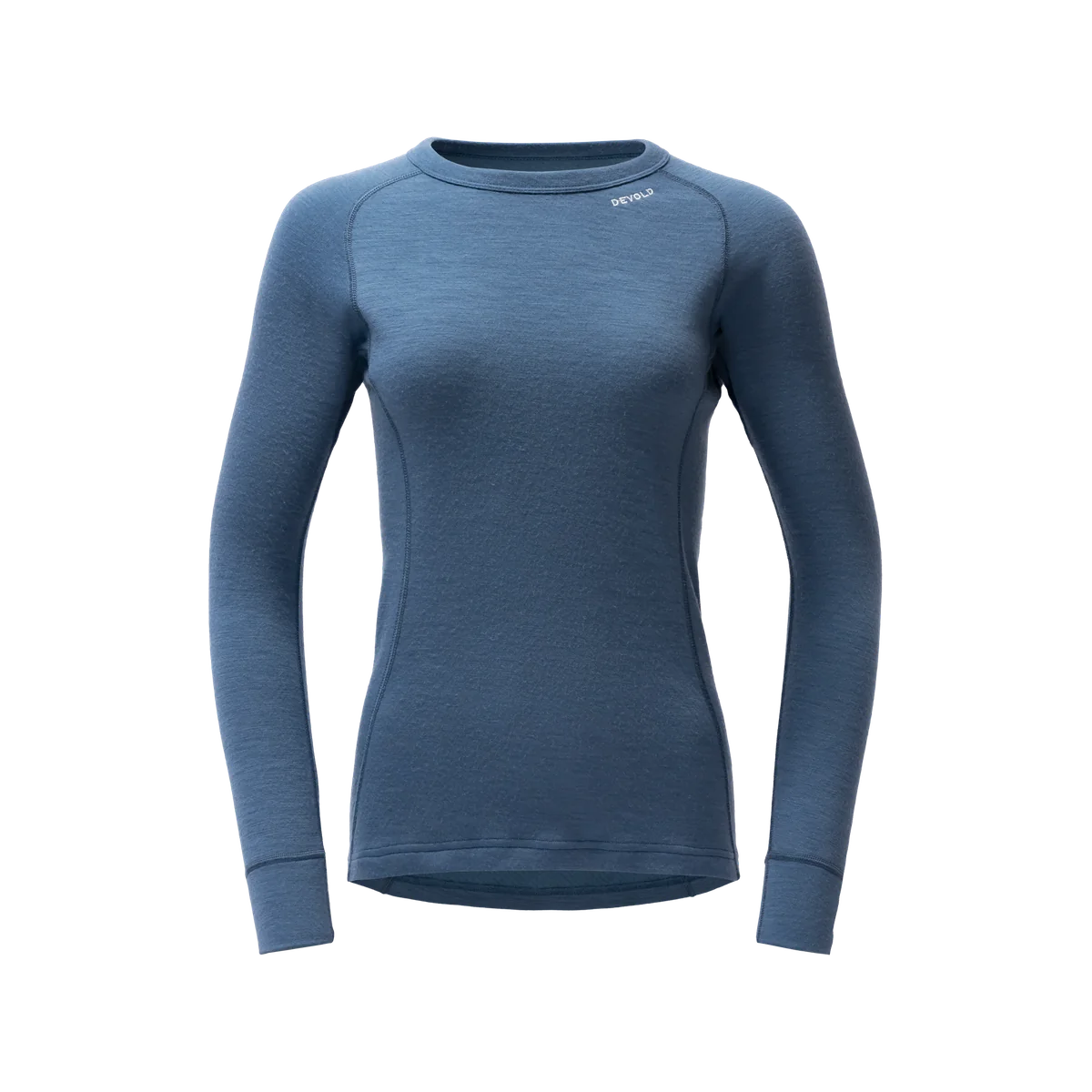 Devold Duo Active Berry blue long-sleeved women’s merino-blend baselayer shirt with crew neck and raglan sleeves