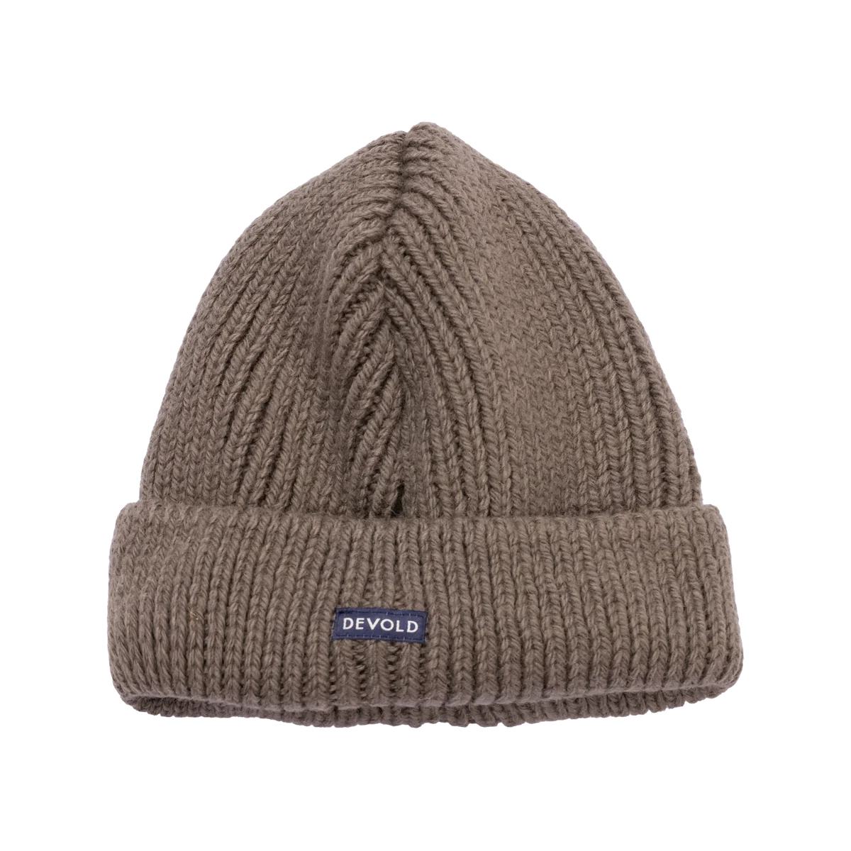 Devold Nansen Falcon taupe chunky Norwegian wool beanie with turned-up ribbed cuff and navy brand label