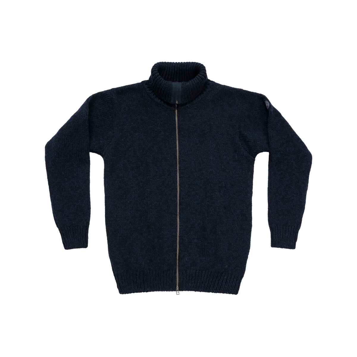 Devold Nansen navy Norwegian wool cardigan with a high collar, ribbed cuffs and full front zip