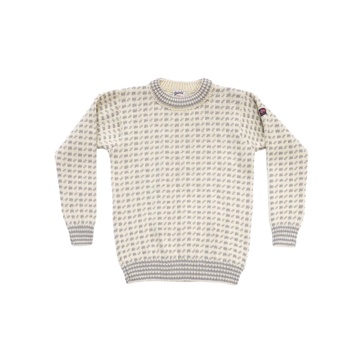 Devold Original Islender off-white and grey Norwegian wool crew-neck sweater with traditional small geometric fisherman pattern