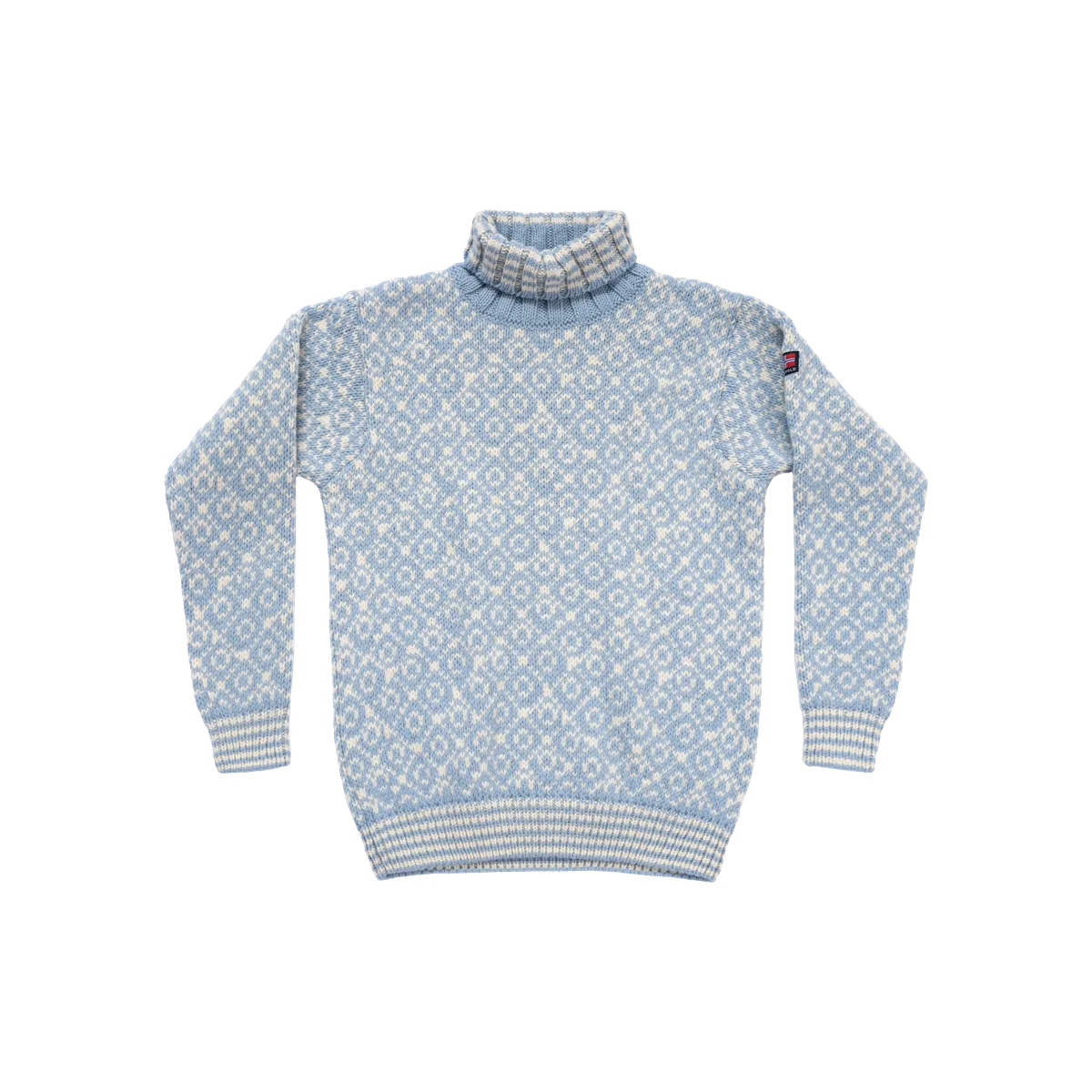 Devold Svalbard dawn-blue and off-white Norwegian wool high-neck sweater with an all-over geometric Nordic pattern