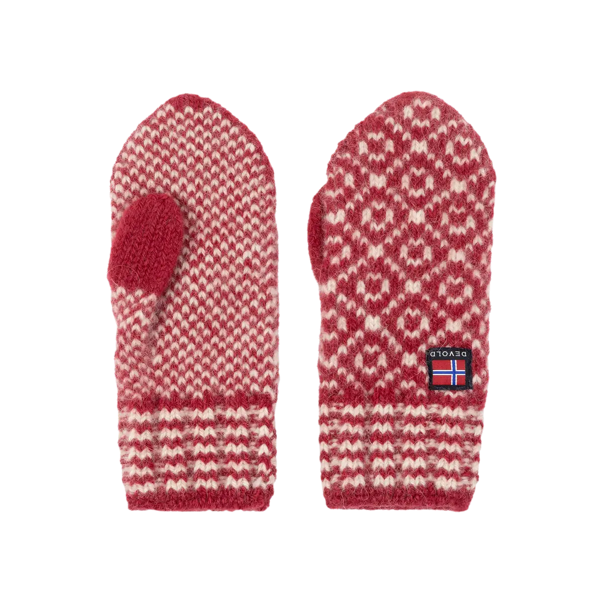 Devold Svalbard hindberry-red and off-white Norwegian wool mittens, shown as a complete patterned pair