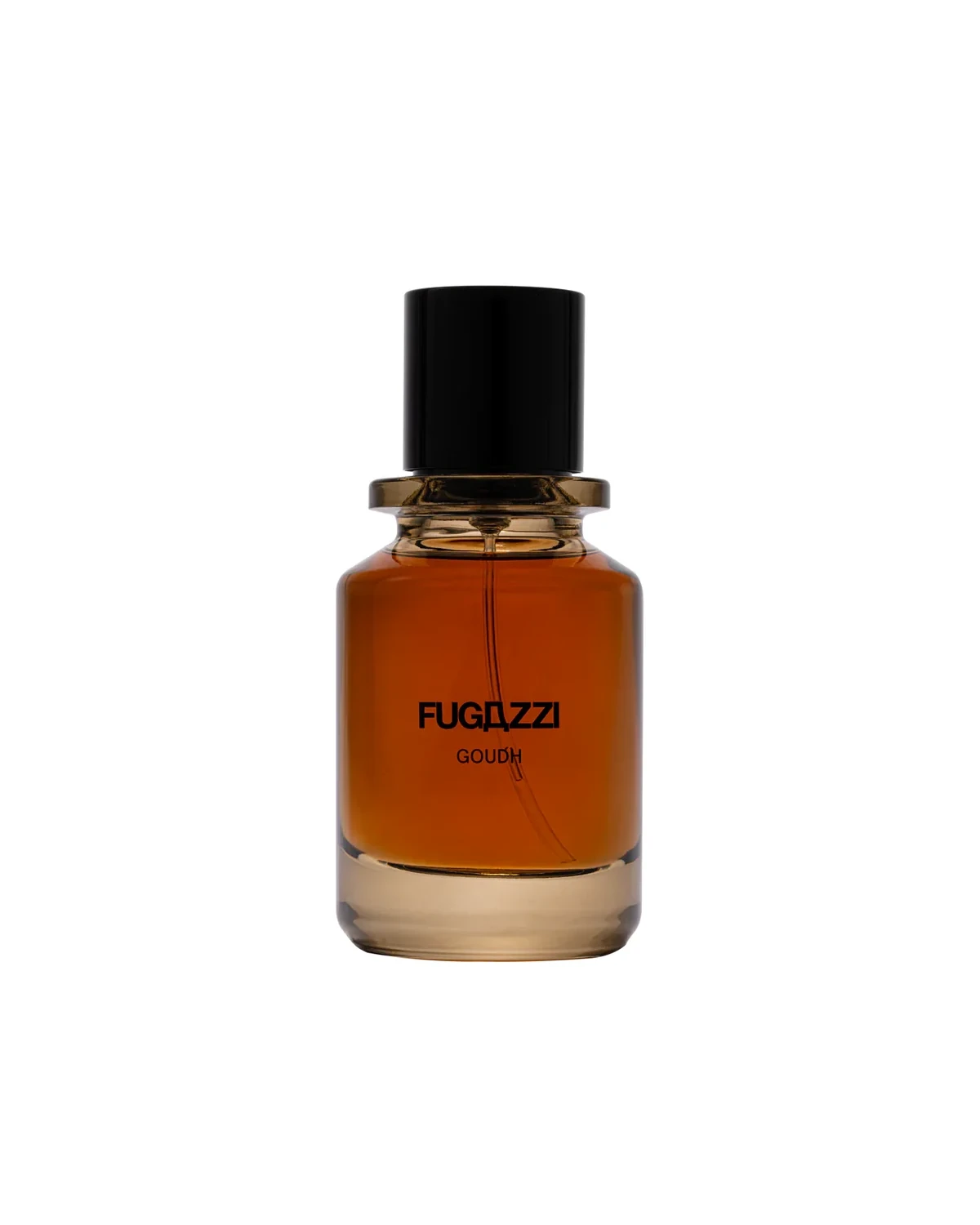 Deep amber FUGAZZI Goudh perfume bottle with black cap
