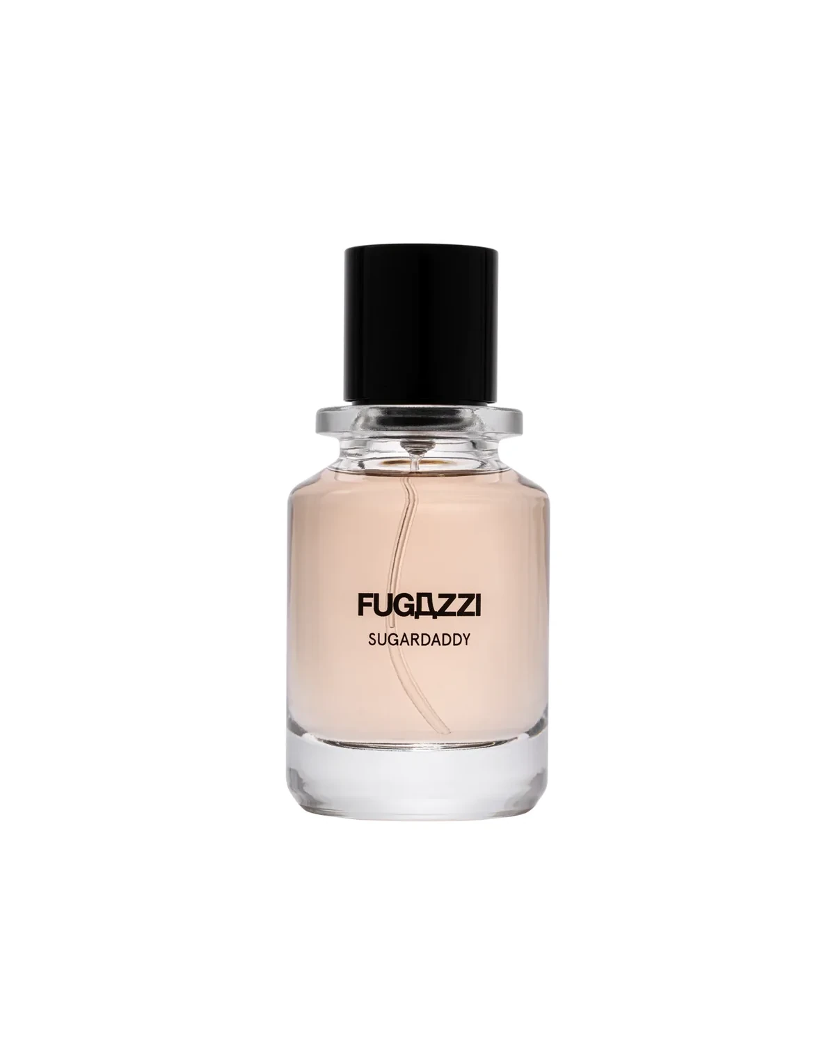Pale rose FUGAZZI Sugardaddy perfume bottle with black cap