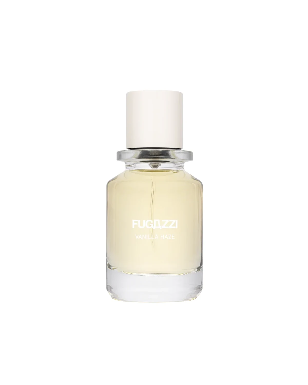 Soft yellow FUGAZZI Vanilla Haze perfume bottle with white cap