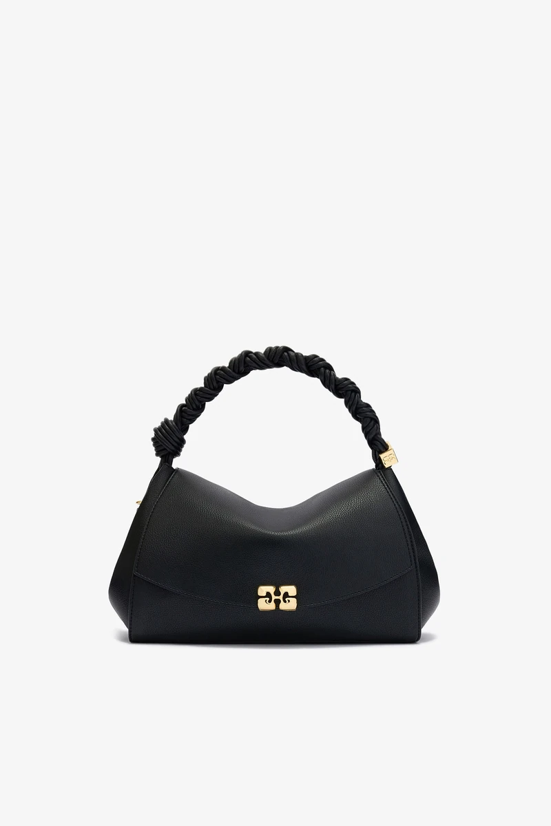 Black GANNI Very Bou grained bag in the official product photograph