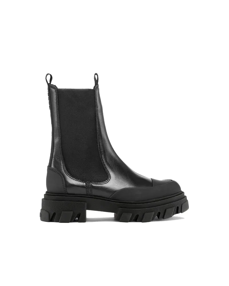 Black GANNI Cleated Mid Chelsea boot with an elastic side panel and chunky lug sole on a white background