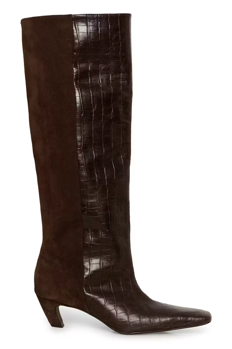 Dark brown tall Gestuz GZbobbie boot on its original white studio background