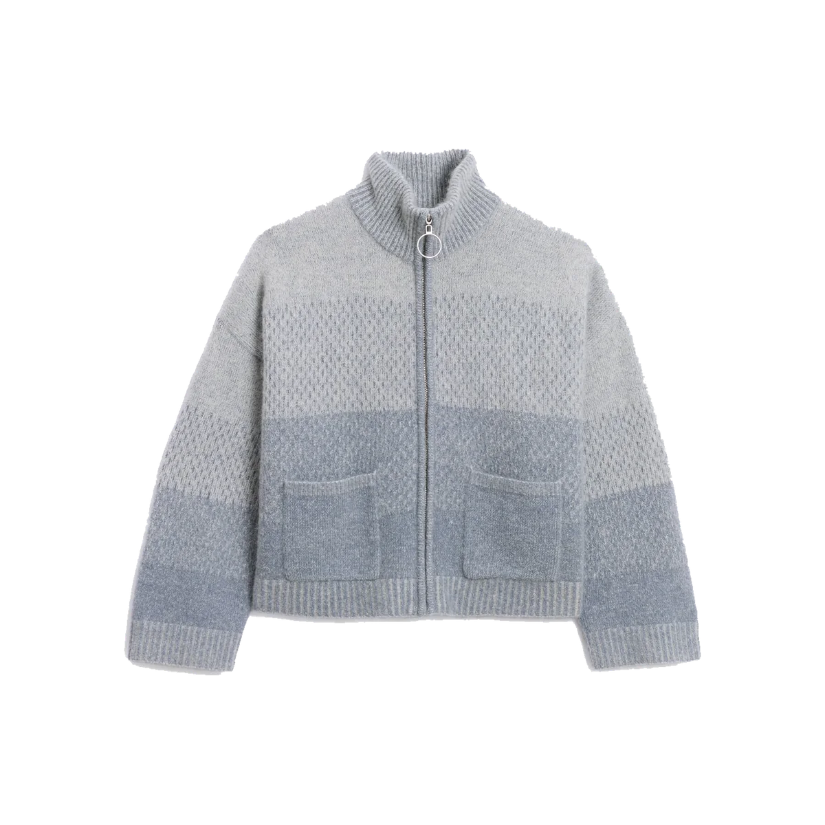 Holzweiler Tine Cardigan in light blue mix with fading jacquard bands, high ribbed collar, ring zip pull and patch pockets