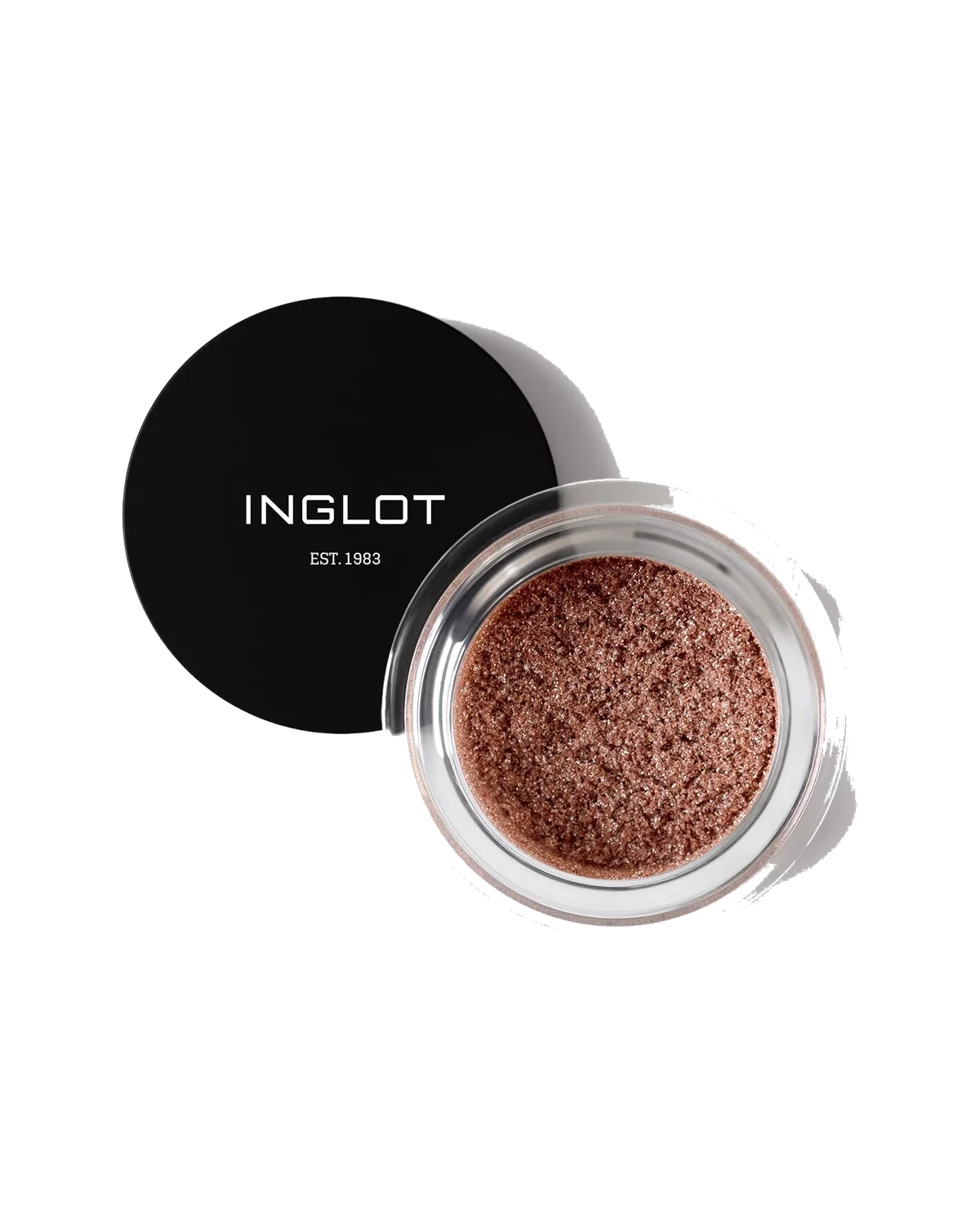 INGLOT AMC Pure Pigment loose eyeshadow 14 in an open jar beside its black lid