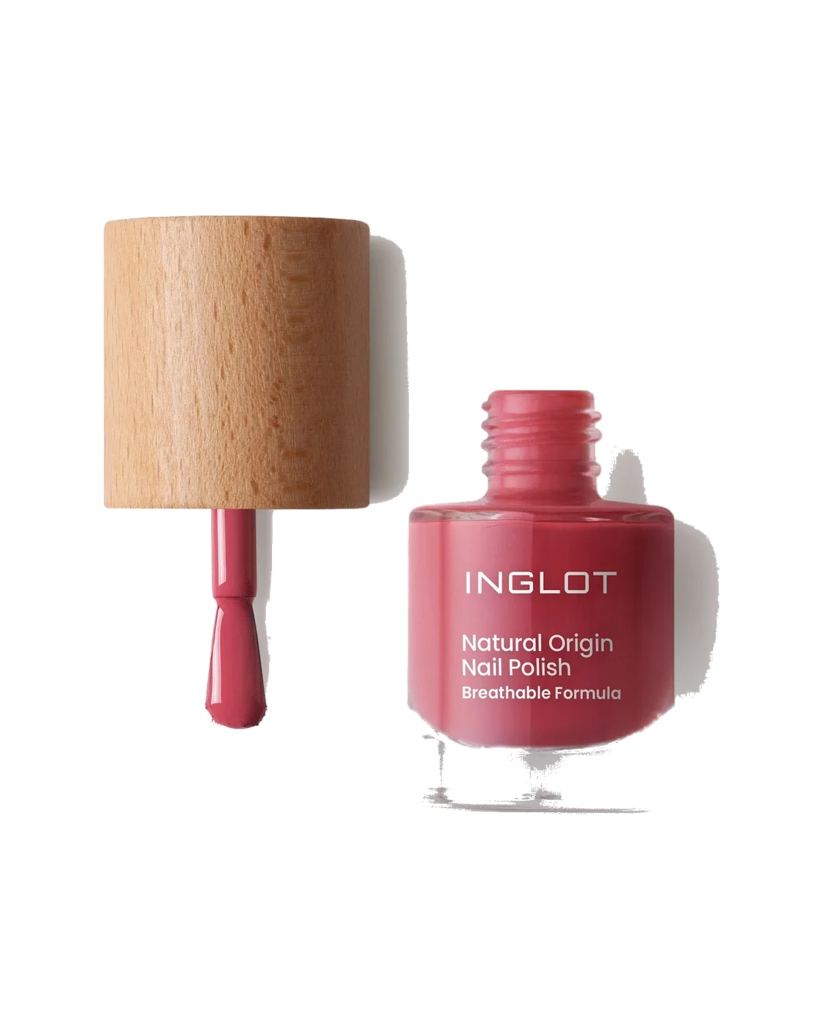 INGLOT Natural Origin nail polish Berry Muffin 055 with its wooden cap and brush