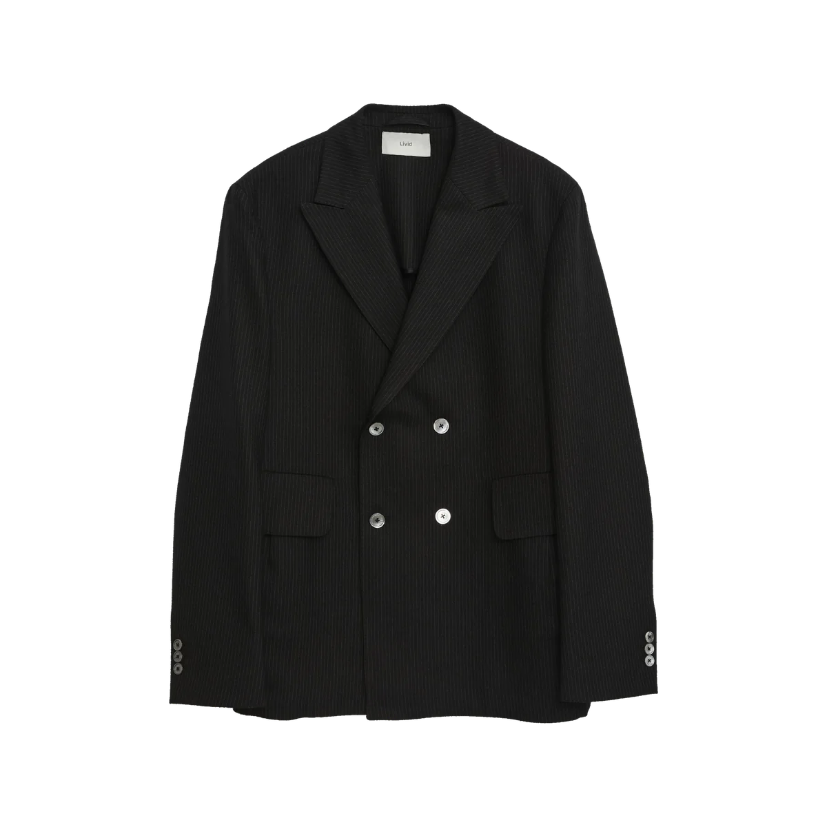 Livid Hayes black wool pinstripe blazer with peak lapels, double-breasted pearl buttons and flap pockets