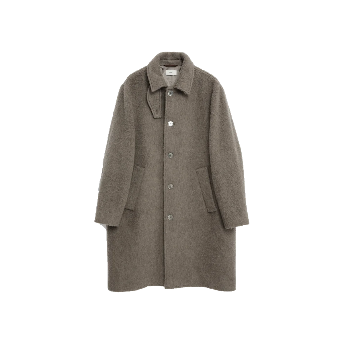 Livid Nash Taupe recycled-wool coat with a brushed finish, broad collar, throat latch and front pockets