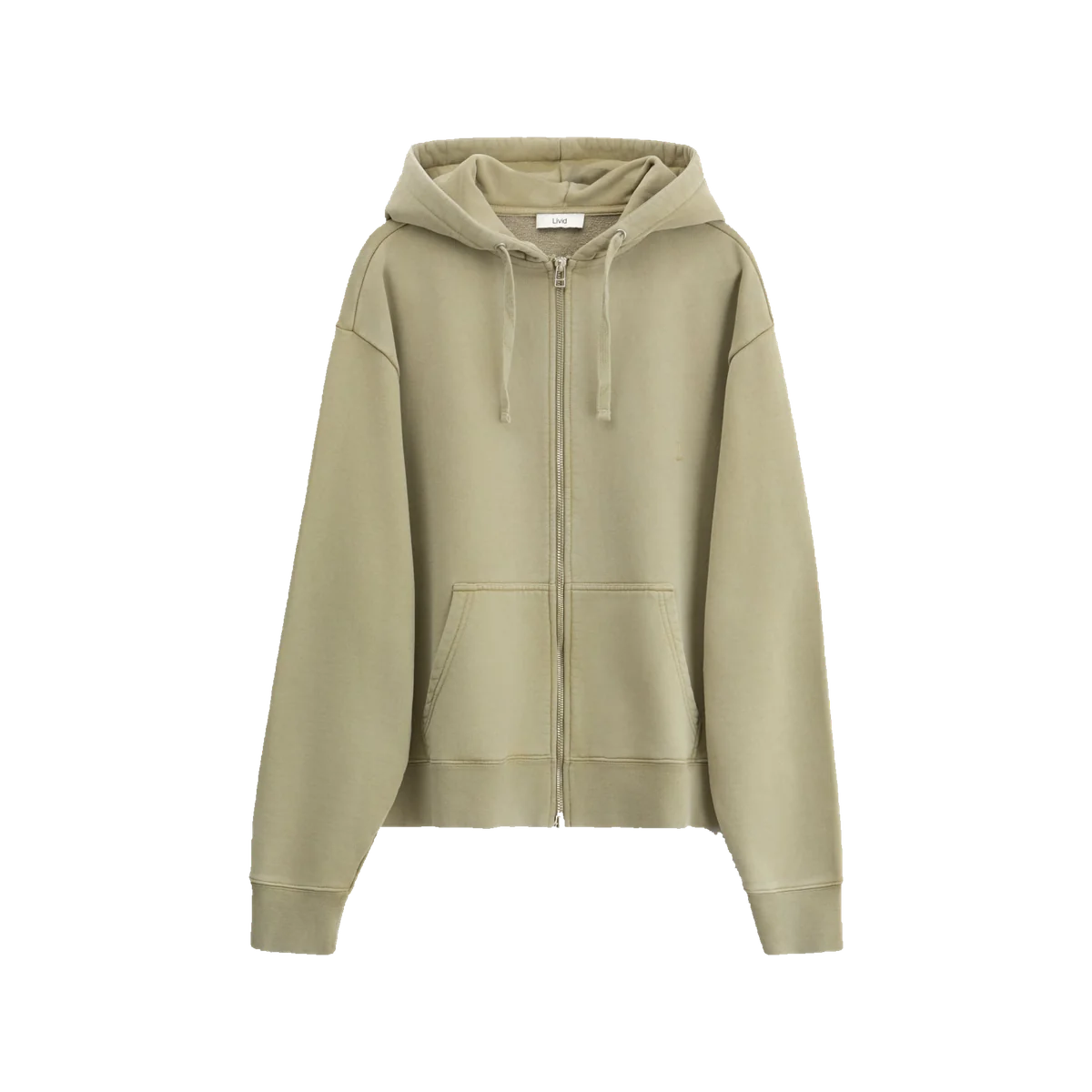 Livid Noya Aloe pale green cotton zip hoodie with a drawstring hood, two-way silver zip and split kangaroo pocket
