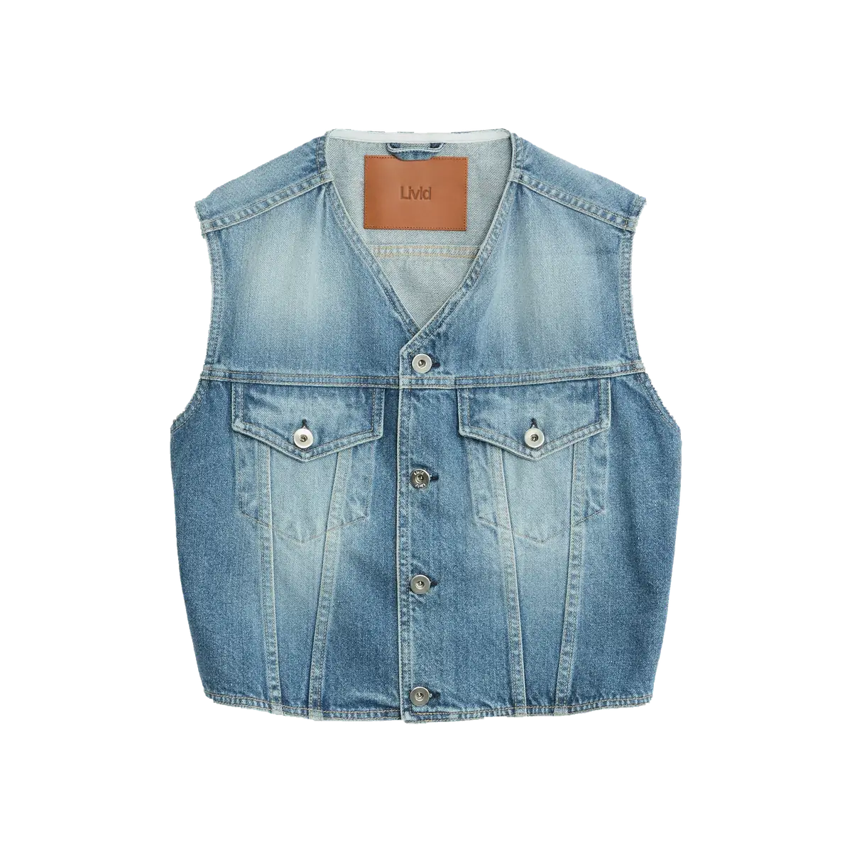 Livid Penn Japan New Blue cropped Japanese cotton denim vest with a V neckline, chest pockets and silver buttons