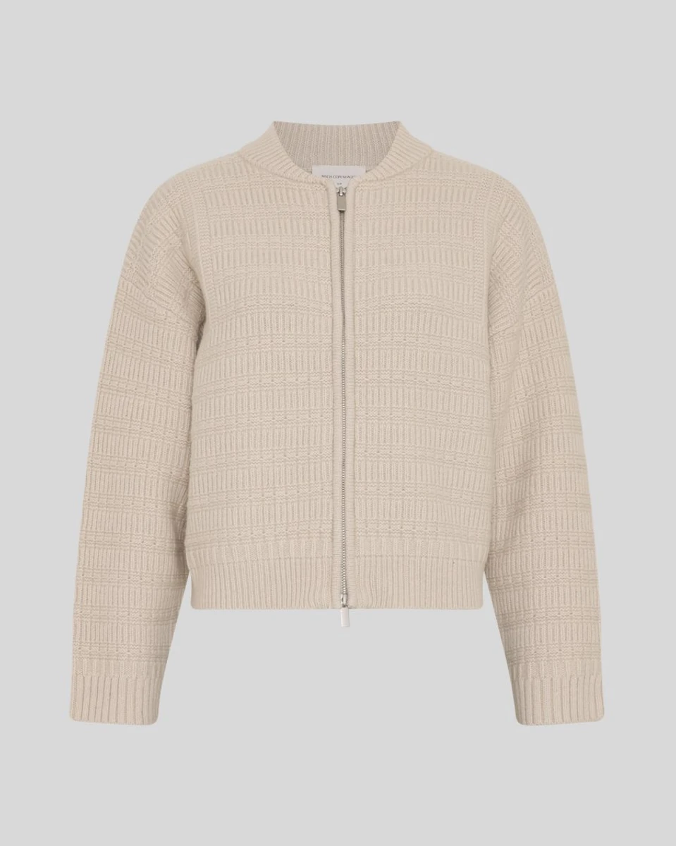 Cream MSCH Copenhagen Warnee zip cardigan on its original studio background
