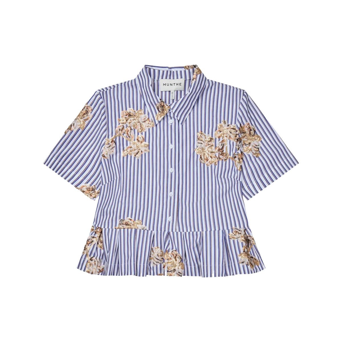 MUNTHE Nuriana blue-and-white striped cotton blouse with floral embroidery, short sleeves, collar and flared peplum hem