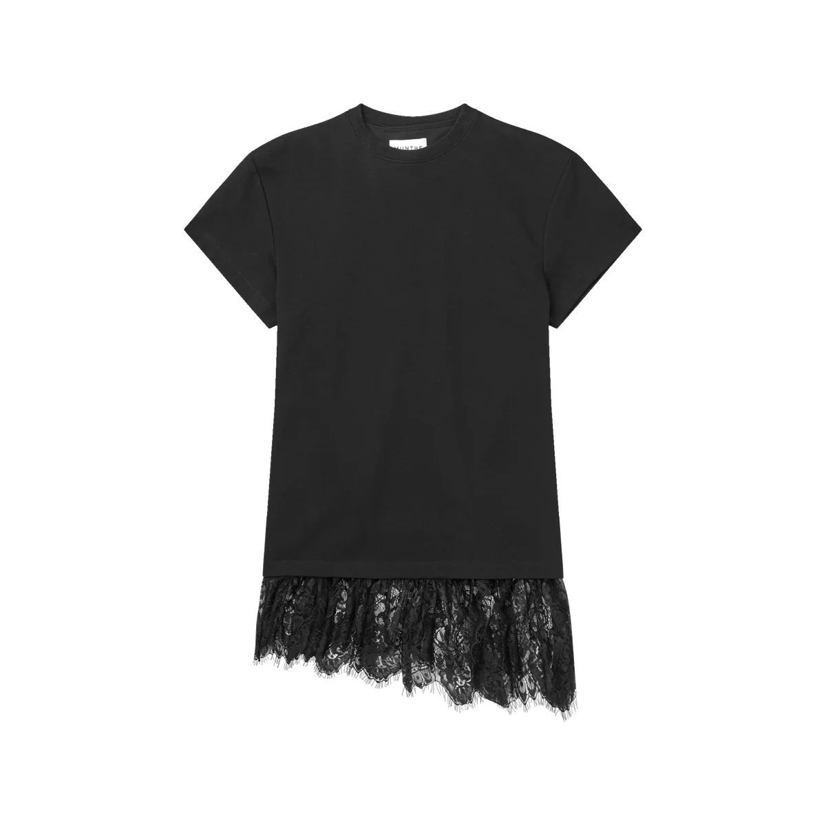 MUNTHE Rosie black short-sleeved T-shirt dress shown with its separate asymmetrical floral lace overlayer