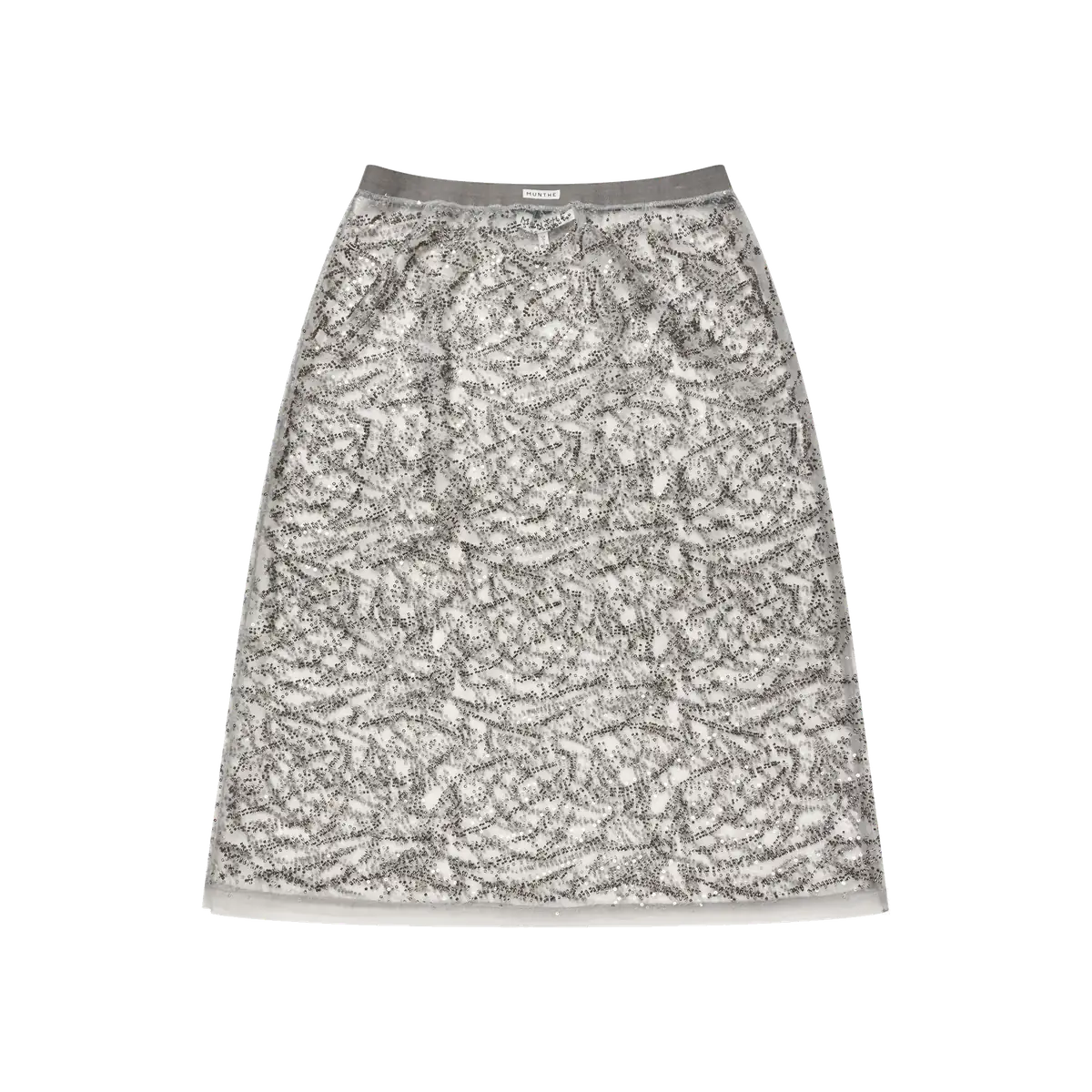 MUNTHE Vatosha gun-metal sheer knee-length skirt with a delicate pearl pattern and straight silhouette
