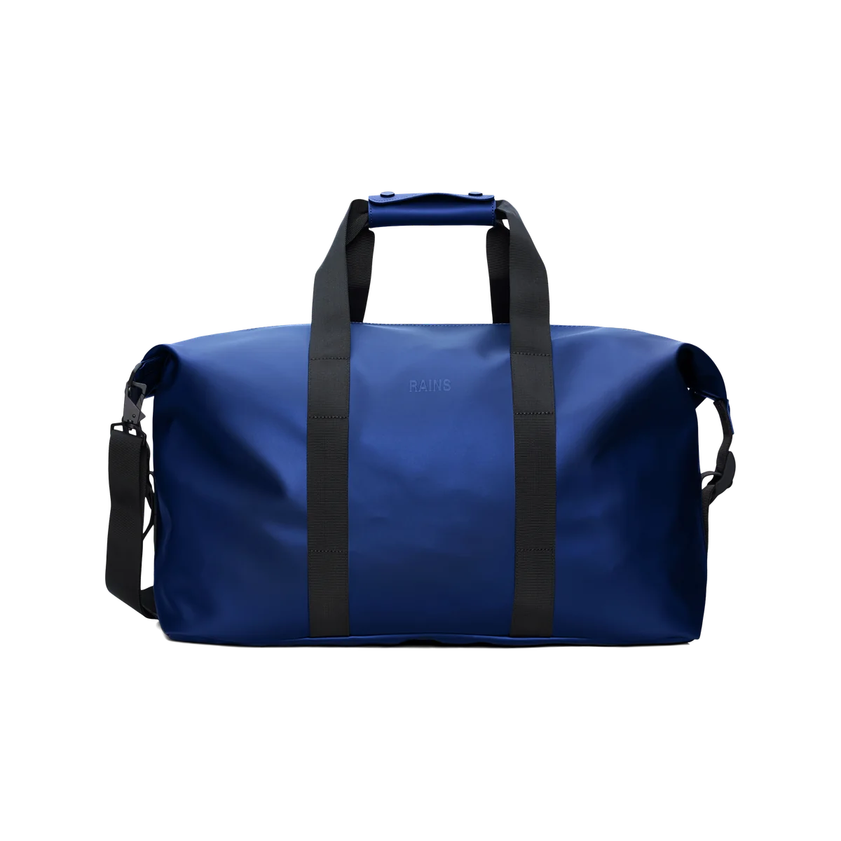 Rains Hilo Weekend Bag in Lucid cobalt blue, a travel duffel with black webbing handles and side compression straps