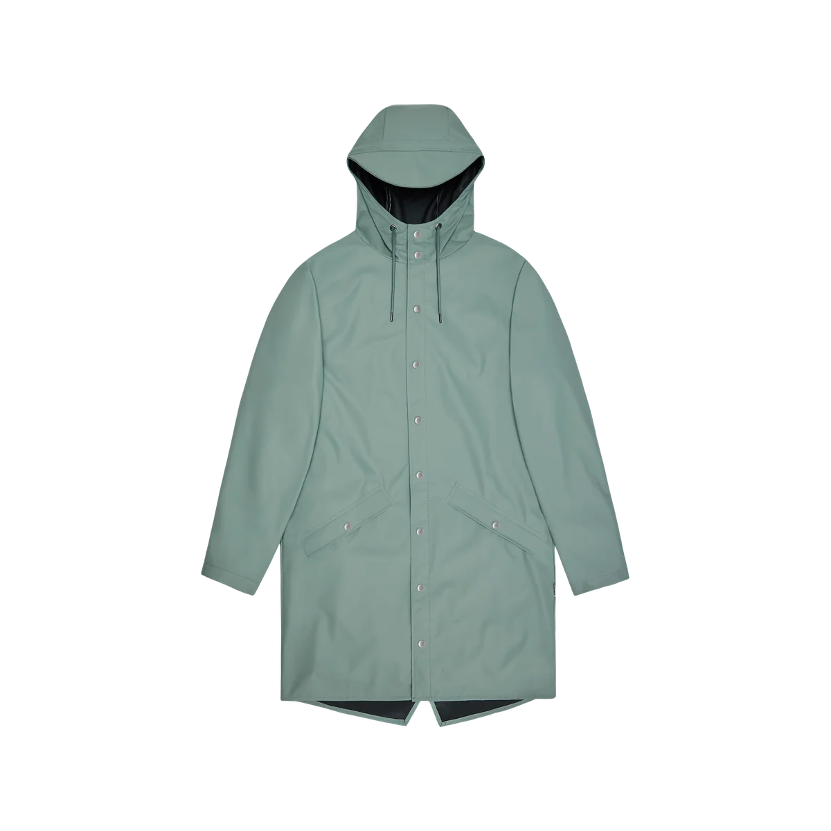 Rains Long Jacket in sage green, a hooded long waterproof raincoat with snap fastening, angled pockets and fishtail hem
