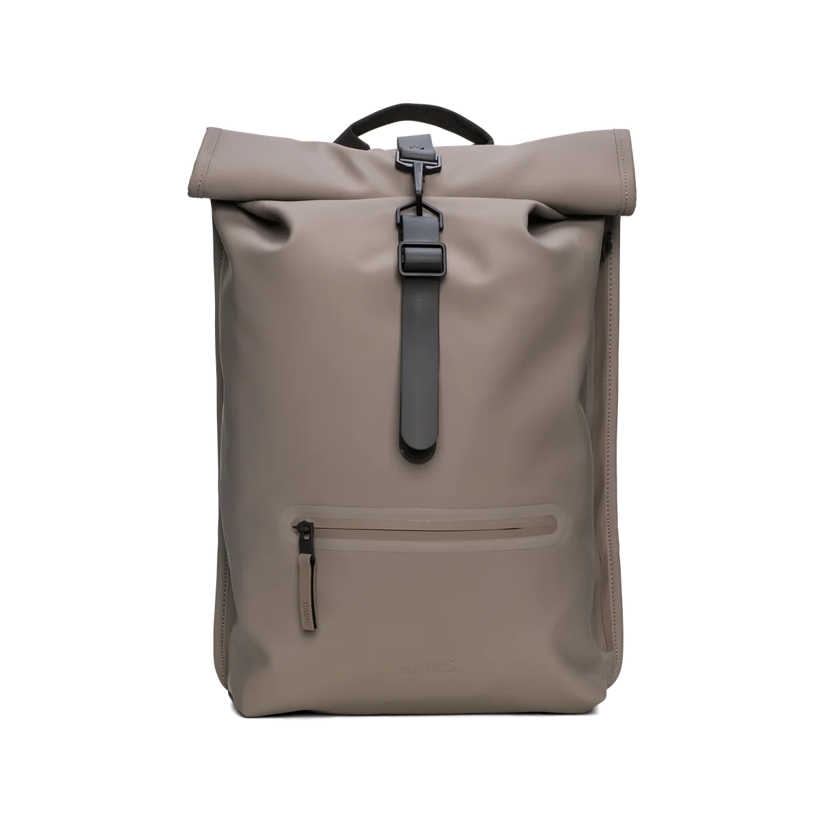 Rains Rolltop Rucksack in Cinder taupe, a waterproof backpack with rolled opening, central buckle and front zip pocket