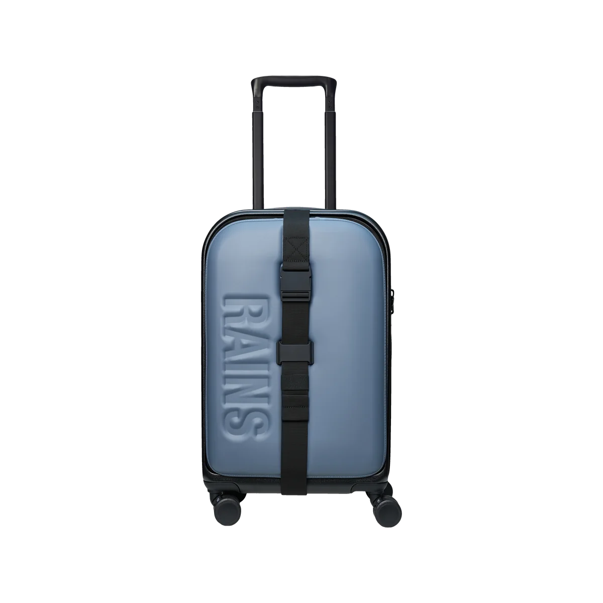Rains Texel Cabin Trolley in Blue Dusk, a wheeled suitcase with extended telescopic handle, black compression strap and embossed Rains lettering