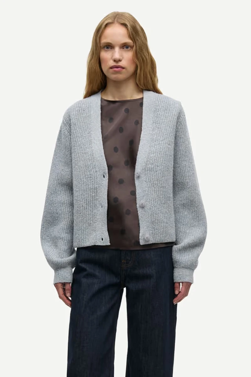 Frozen Fjord blue Samsøe Samsøe Sapolly cardigan worn by a model