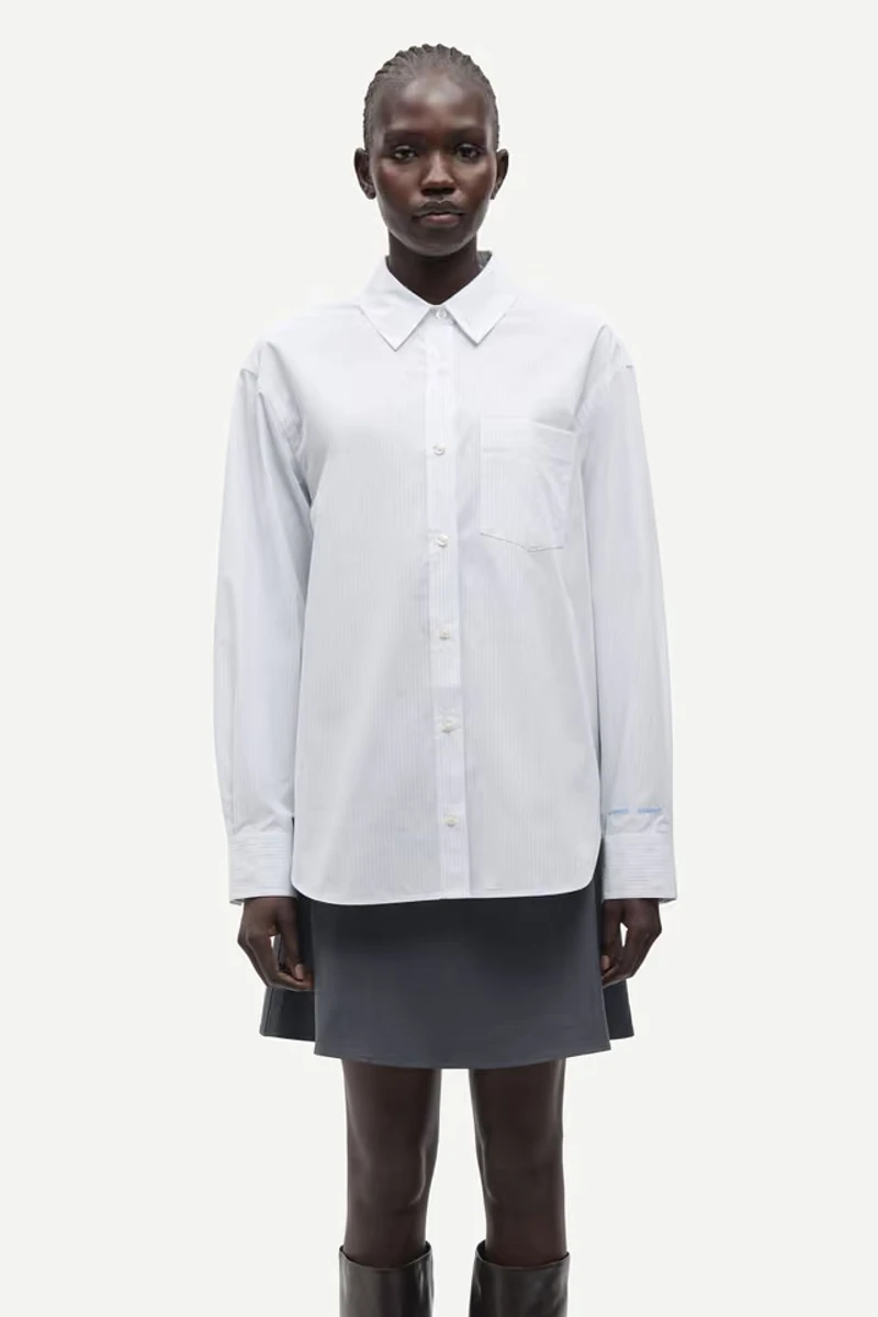 White pinstripe Samsøe Samsøe Salova pocket shirt worn by a model