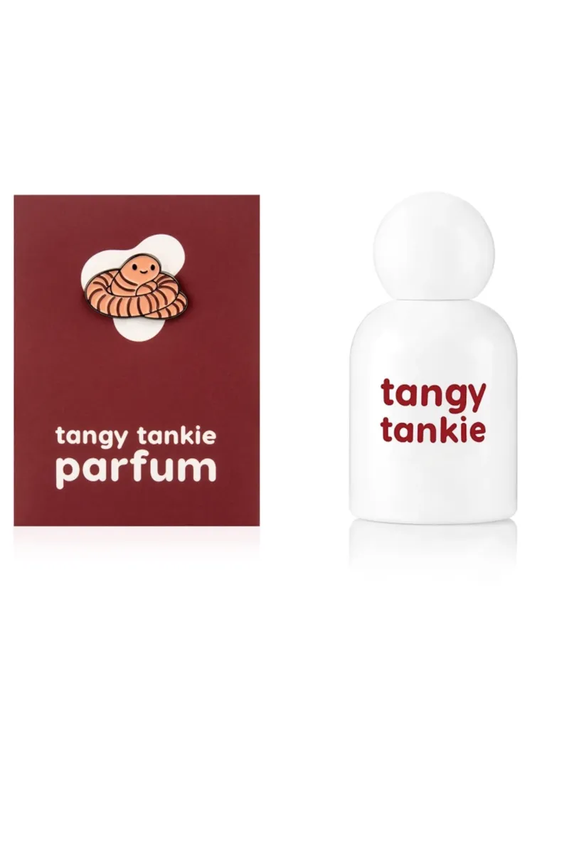 Söppö Tangy Tankie Parfum bottle with burgundy pin box