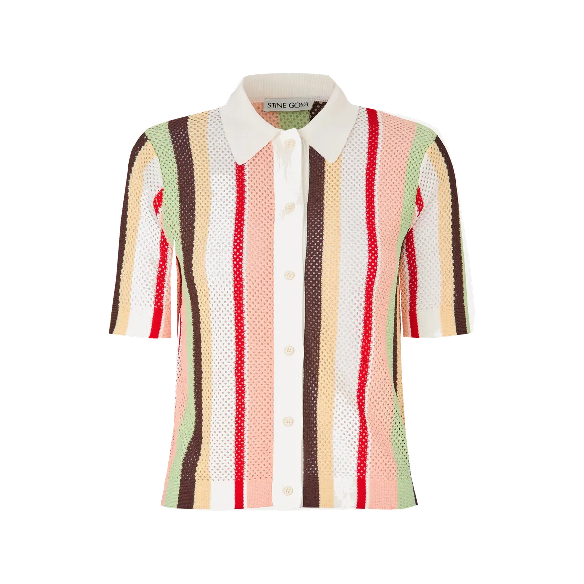 STINE GOYA short-sleeved crochet polo with multicoloured vertical baseball pinstripes