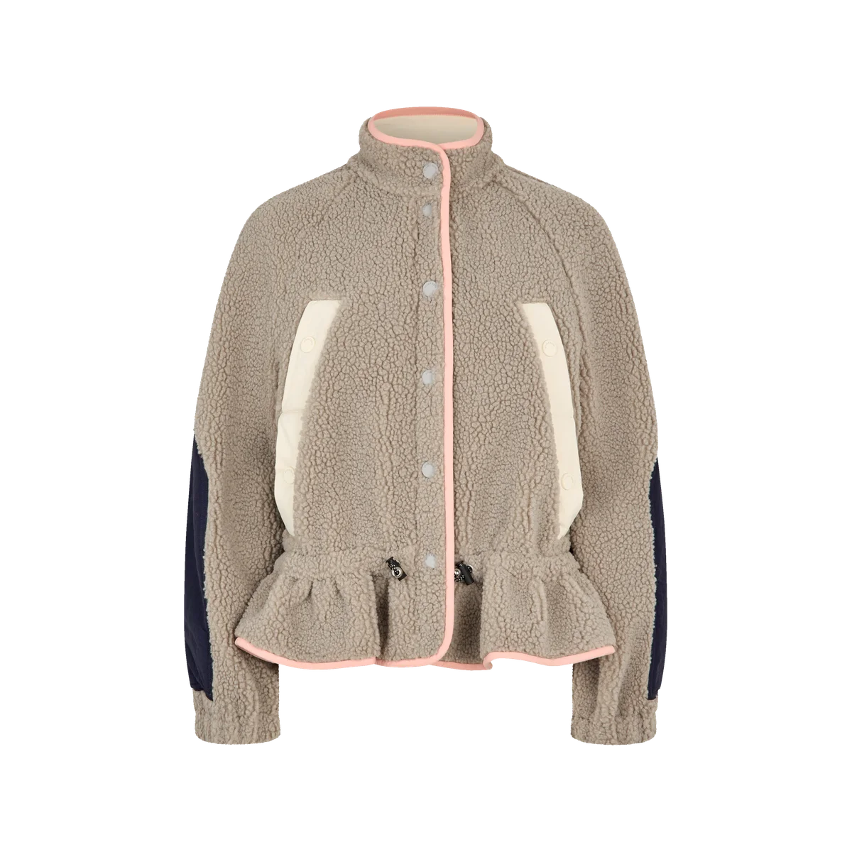 STINE GOYA flint grey gathered fleece jacket with cream and navy panels and pink edging