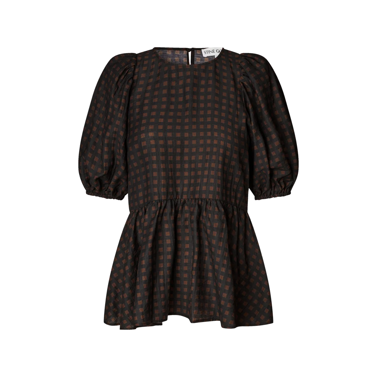 STINE GOYA Morgensol black and brown check peplum top with puff sleeves