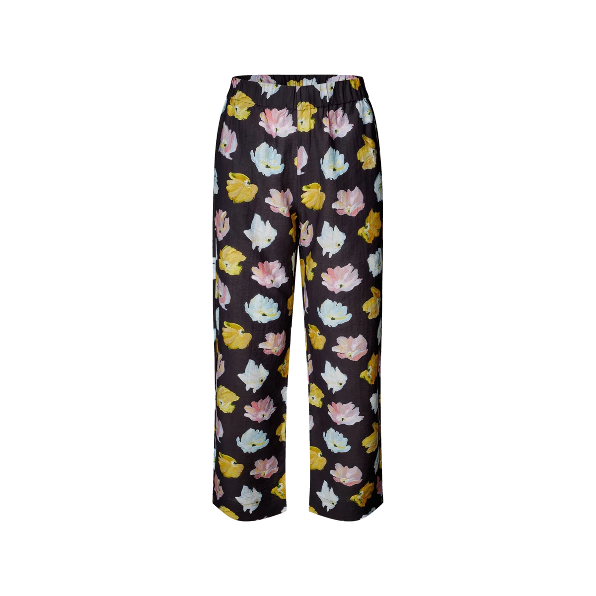 STINE GOYA black Morgensol trousers with colourful poppy prints and an elasticated waist