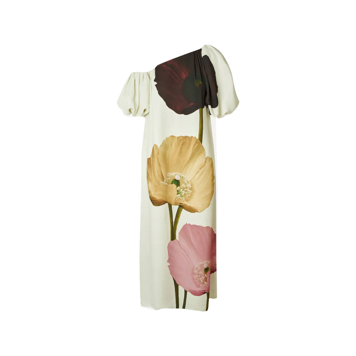 STINE GOYA cream Poppies full-length dress with large floral artwork and an asymmetric neckline